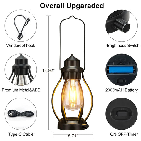 Two Pack Battery Powered LED Lanterns with Dimmerable Warm White Edison Bulbs Vintage Oil Lantern Look with size details and components