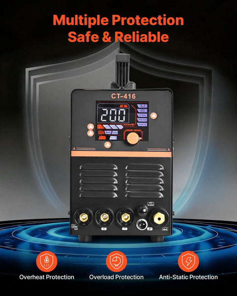 Front view of 3 In 1 Plasma Cutter Welder Combo for Home Workshop, 50A Plasma Cutter and 200A TIG MMA Welders, Dual Voltage 110 to 220V Digital Power, 2T 4T PA PT Function, Portable DIY Metalworking Machine.