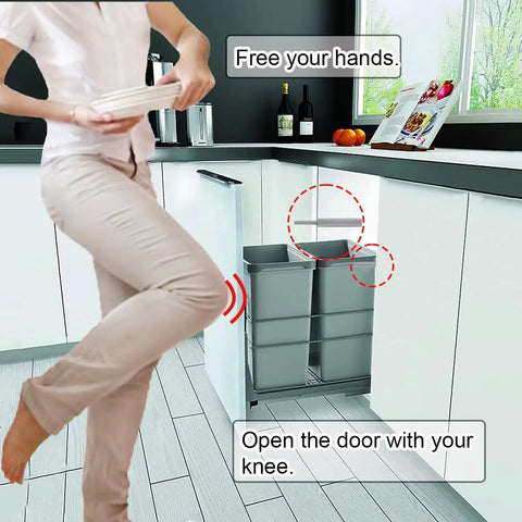 Push To Open Door Latch 4 Pack Heavy Duty Cabinet Drawer Magnet Release Set For Touch Latch Closets And Cupboards No Handle Needed With Adjustable Tip shown opening with knee in kitchen
