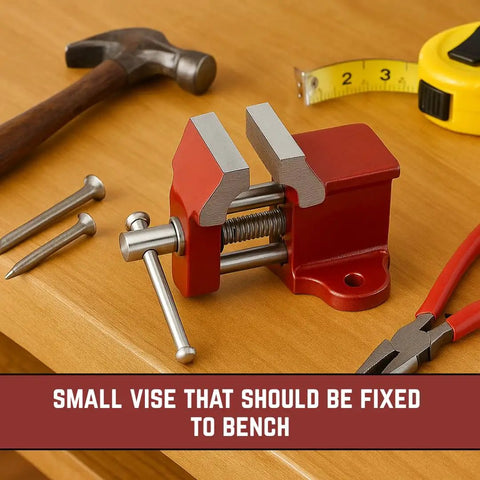 Compact One Inch Fixed Bench Vise For Jewelry Making And Crafting One And A Quarter Inch Jaw Width Tiny Yet Mighty Grip For Precision Work In Small Workspaces. Red fixed bench vise with 1.25 in jaws on a workbench