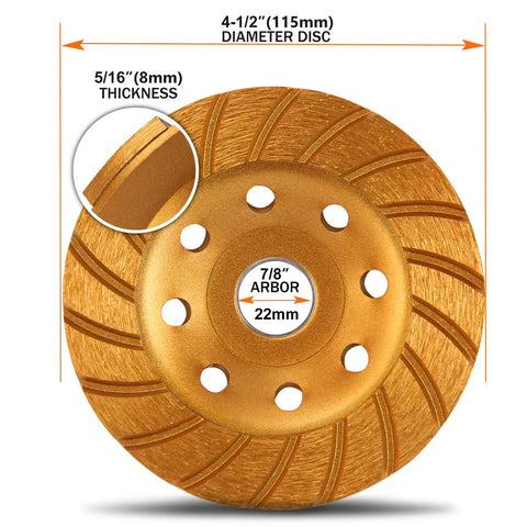 Close-up of Pro Grade Turbo Diamond Cup Wheel Four And A Half Inch 115 Millimeters for concrete and stone grinding with measurements.