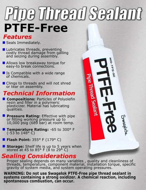 PTFE Free Pipe Thread Sealant For Stainless Steel And Metal Threads 50cc Tube Non Hardening Paste That Prevents Galling With A Wide Temperature Range From Minus 65 Degrees Fahrenheit To 300 Degrees Fahrenheit Model MS TFS 50 Made In USA