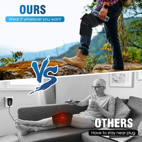 Comparison of All In One Heated Massager showing portability outdoors versus a wired model indoors, illustrating versatility.