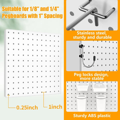Heavy Duty Metal Pegboard Wall Organizer Kit 74 Piece Set White 24 By 24 Inches For Garage Workshop Craft Room Office And Kitchen Tool Organization Rust Resistant Durable Storage System, showing pegboard with hook and accessory details