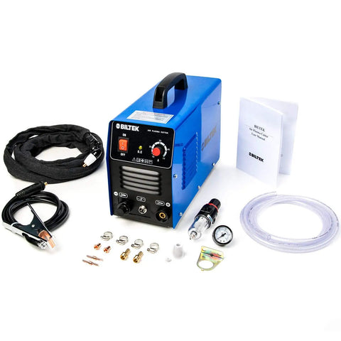 50 Amp Non Pilot Arc Plasma Cutter With Dual Voltage 110V 220V And Pre Attached 110V US Plug, blue unit with accessories