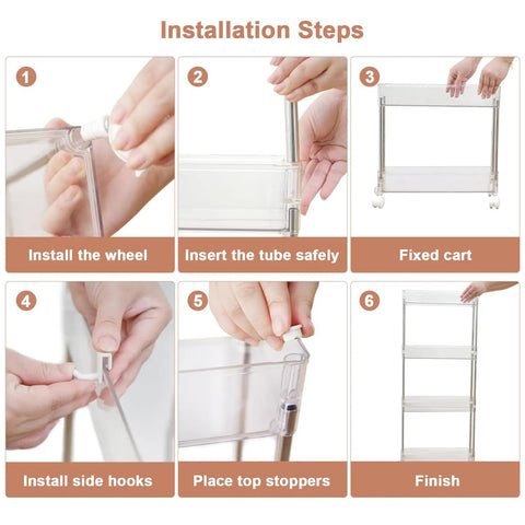 Installation steps for Go-To Slim 4-Tier Rolling Cart With Lockable Wheels And Handy Hooks And Bucket in clear finish