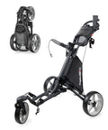 Lightweight Three Wheel Golf Push Cart With No Sweat Fold Design and Rolls Smooth Front Wheel showing folded and unfolded views.