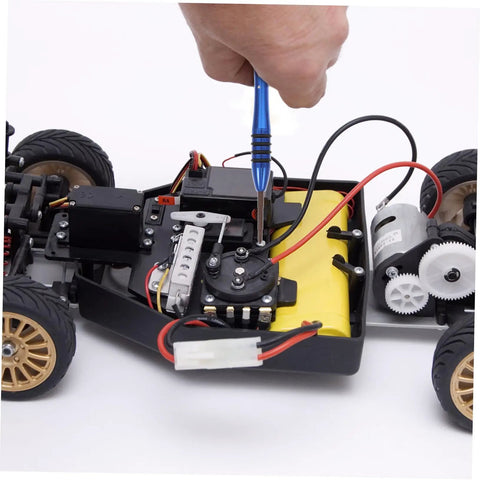 Hand using Rc Car Screw Tool Kit With Compact Storage Box, Gasket And Replacement Fasteners on RC car chassis for maintenance