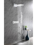 Wall Mounted Waterfall Shower System with Hand Shower featuring sleek design, brass and stainless steel, and adjustable height.