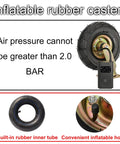 Built Ridiculously Tough Heavy Duty Pneumatic Caster Wheels 8 Inch 10 Inch Swivel Garden Cart Tires showing air pressure gauge and rubber tube.