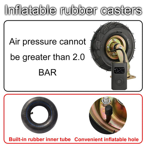 Built Ridiculously Tough Heavy Duty Pneumatic Caster Wheels 8 Inch 10 Inch Swivel Garden Cart Tires showing air pressure gauge and rubber tube.