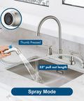 Heavy Duty Two Handle Kitchen Faucet With Pull Down Sprayer And Four Hole Deck Mount In Sleek Brushed Nickel Finish, showcasing 33" pull-out spout in spray mode.