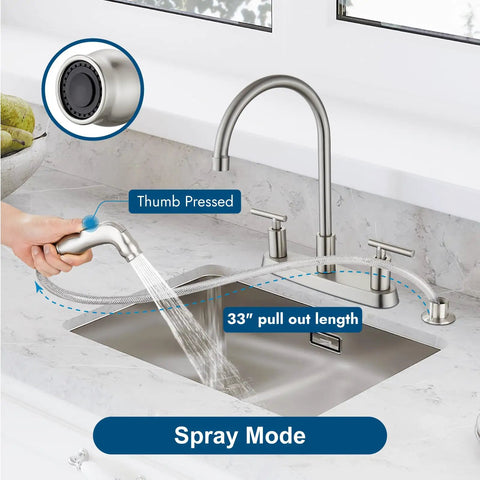 Heavy Duty Two Handle Kitchen Faucet With Pull Down Sprayer And Four Hole Deck Mount In Sleek Brushed Nickel Finish, showcasing 33" pull-out spout in spray mode.