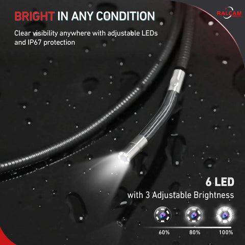 Close-up of Two Way Articulating Borescope Inspection Camera featuring 6 LED lights for visibility in dark and wet conditions.