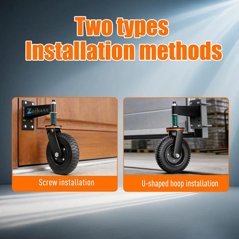 Heavy Duty 8 Inch Gate Wheels Rock Solid 360 Swivel Casters Built Tough on screw and U-shaped hoop installation methods.