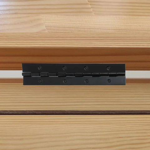 Close-up of Six Piece Heavy Duty Matte Black Piano Hinges 8 Inch Continuous Steel Hardware installed on wood.