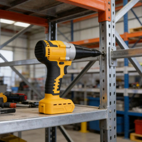 Heavy Duty Cordless Rivet Gun With 2698lb Pulling Power Fits Aluminum And Steel Fasteners For Auto Repair And Metal Projects, Includes LED Light and Brushless Motor Tech on steel rack