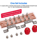Four Pack Wall Mount Copper Ground Bar Kit With Quarter Inch Thick 2 Inch By 10 Inch Bus Bar 12 Terminal Positions Five Sixteenth Inch Spacing UL SM40 Insulators Uimp Up To 7.2 kV Heavy Duty Industrial Grade Grounding Strip Set components including copper plate, stainless steel brackets, and insulators.
