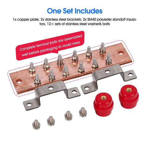 Four Pack Wall Mount Copper Ground Bar Kit With Quarter Inch Thick 2 Inch By 10 Inch Bus Bar 12 Terminal Positions Five Sixteenth Inch Spacing UL SM40 Insulators Uimp Up To 7.2 kV Heavy Duty Industrial Grade Grounding Strip Set components including copper plate, stainless steel brackets, and insulators.