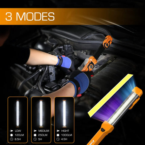 Lit 1000 Lumen LED Work Light With Rechargeable Design For Mechanics Dual Magnetic Bases And Hanging Hooks in use