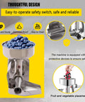 Top Shelf Commercial 450W Tomato Strainer Machine Crafted From Heavy Duty 304 Stainless Steel, showing blueberries in bowl.