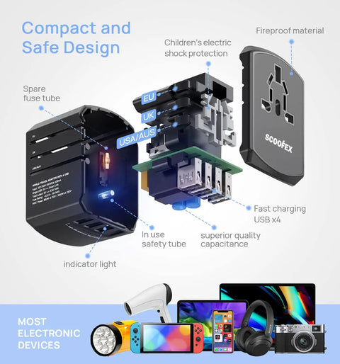 Exploded view of Global Travel Power Adapter With 4 USB Ports And 160 Country Coverage, showcasing internal components.