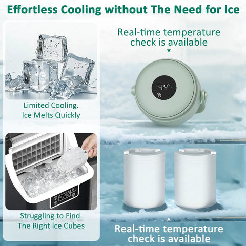 Portable Breast Milk Cooler That Beats The Heat Keeping Milk Super Crisp For Over 24 Hours With Full Surround Cooling Digital Temp Display and two flasks shown with ice cubes.