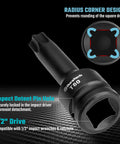 Close-up of the T60 bit from the Eight Piece Impact Torx Bit Set With One Half Inch Drive Including T30 T40 T45 T50 T55 T60 T70 T80 Bits In Chromoly Steel With Manganese Phosphate Coating One Piece Solid Construction All In A Durable Storage Case.