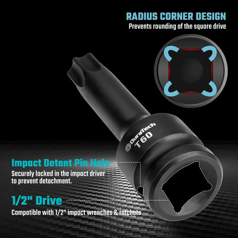 Close-up of the T60 bit from the Eight Piece Impact Torx Bit Set With One Half Inch Drive Including T30 T40 T45 T50 T55 T60 T70 T80 Bits In Chromoly Steel With Manganese Phosphate Coating One Piece Solid Construction All In A Durable Storage Case.