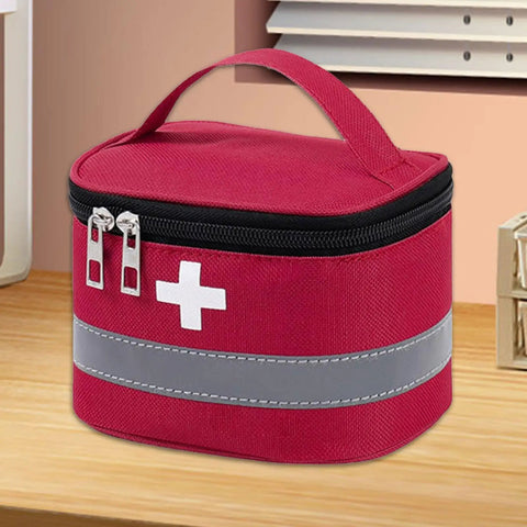 Multilayer Waterproof Medical Organizer Bag for Travel with red fabric, easy carry handle, durable storage on tabletop