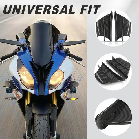 Front view of motorcycle with Carbon Fiber Black Motorcycle Winglets, Glossy Self-Adhesive Fairing Wings shown in detail