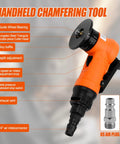 Side view of orange handheld 2-in-1 mini pneumatic chamfering tool with 1/4 in air inlet and adjustable depth