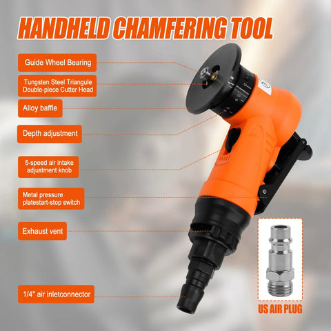 Side view of orange handheld 2-in-1 mini pneumatic chamfering tool with 1/4 in air inlet and adjustable depth