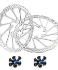 180mm Bike Disc Brake Rotors Set Of Two With 12 Screws For Most Road Mountain BMX Bikes Durable 6 Bolt Pattern Polygonal Airflow Design Built For Smooth Stops And Everyday Durability, arranged on a white background with included screws visible.