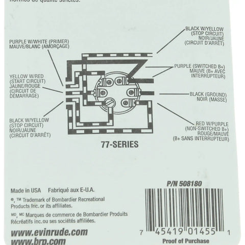 OEM 77 Series Outboard Ignition Key Switch For Evinrude Outboards wiring diagram and instructions on packaging