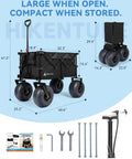 Collapsible black beach wagon with 12 inch balloon wheels, 500lb capacity, side view and folded view with accessories shown.