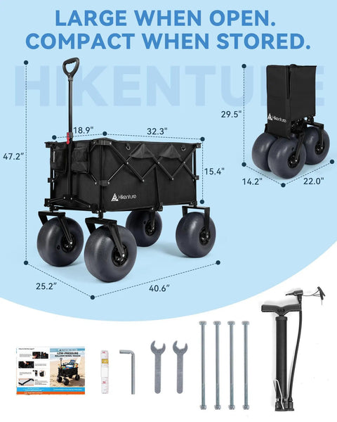 Collapsible black beach wagon with 12 inch balloon wheels, 500lb capacity, side view and folded view with accessories shown.