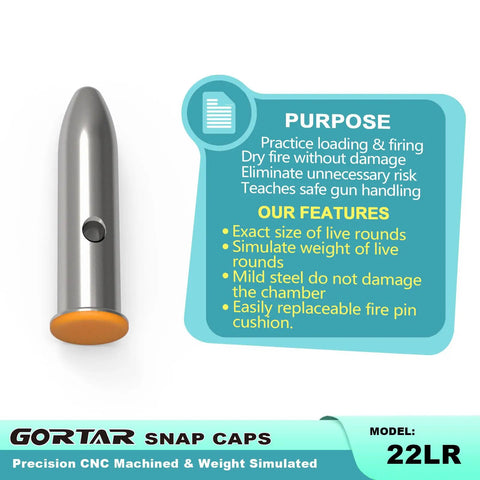 22LR Snap Caps Training Rounds Set For Safe Dry Fire Practice And Malfunction Drills, silver snap cap, product features listed
