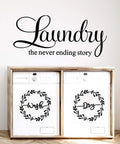 Laundry Room Wall Decal Set Of 3 Vinyl Stickers Wash Dry Laundry Never Ending Story Quote Art For Home And Apartment Black Print Easy Peel And Stick For Home Decor on wall above washing machines.