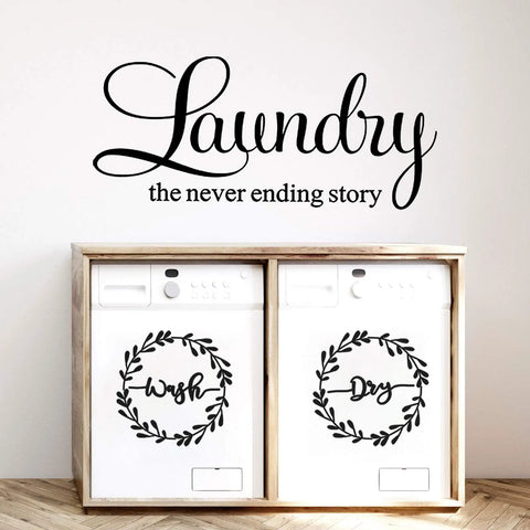 Laundry Room Wall Decal Set Of 3 Vinyl Stickers Wash Dry Laundry Never Ending Story Quote Art For Home And Apartment Black Print Easy Peel And Stick For Home Decor on wall above washing machines.