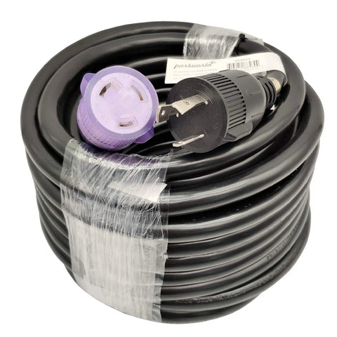 Locking Extension Cord 50 Feet Heavy Duty NEMA L6 30P to L6 30R 30 Amp 250 Volt Outdoor STW 10 AWG shown coiled and wrapped