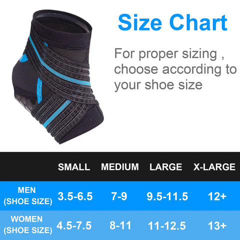 AquaFlex Pro Ankle Brace Compression Sleeve size chart for water sports, showing adjustable elastic straps in black and blue.