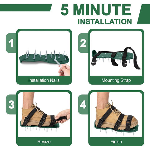 Step-by-step installation of Heavy-Duty Lawn Aerator Shoes With Stainless Steel Shovel, universal fit straps on boots