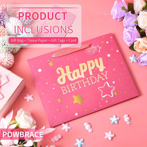 Pink Happy Birthday Gift Bag with Tissue Paper and Greeting Card for Party