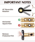 Important notes on Square Spindle Door Latch Replacement With Adjustable Backset showing rotation, square hole, and film removal.