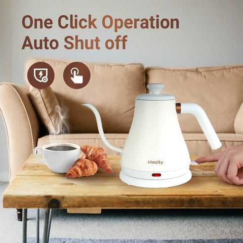 Stainless Steel Gooseneck Electric Kettle for Pour Over Coffee, Fast 1000W Heating, Auto Shut Off, 27 Fl Oz Milk White on table