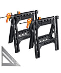 Clamping Sawhorses with Bar Clamps and a 7 Inch Metal Triangle Ruler for Precise DIY Woodworking
