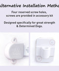 Installation guide for Heavy Duty Adjustable Pet Door Strap and Latch showing screws for strong setup, designed for determined dogs.