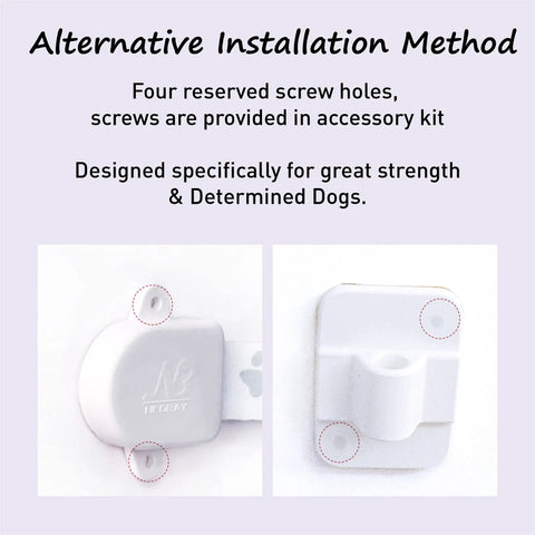 Installation guide for Heavy Duty Adjustable Pet Door Strap and Latch showing screws for strong setup, designed for determined dogs.