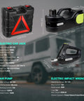 5T 12V Electric Car Jack Kit With Double Cylinder Air Pump And LCD Touch Screen details and features shown.